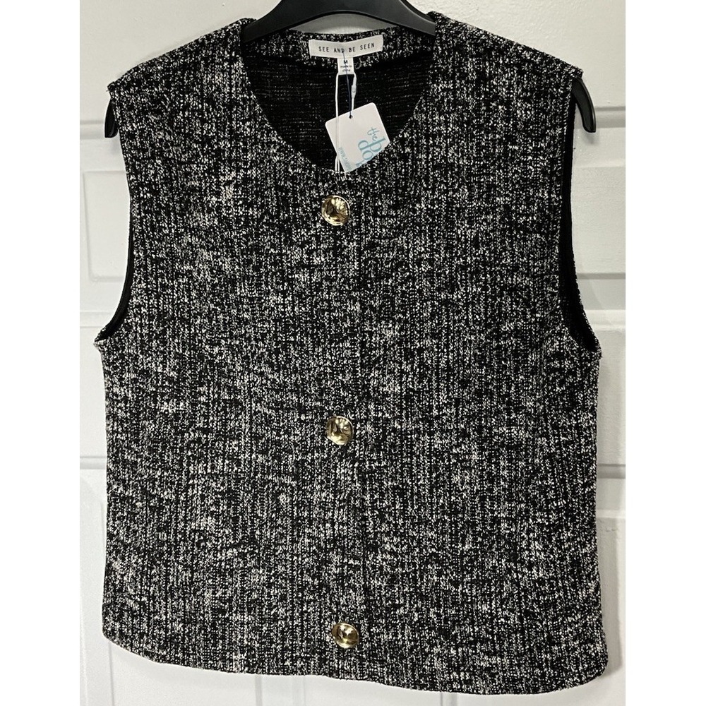 See And Be Seen Black/White Sleeveless Gold Button Vest Womens Medium (Reg $118)